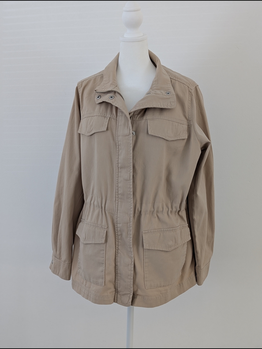 GAP Utility Jacket Women's L Beige Pockets Adjustable Waist Full Zipper Collar